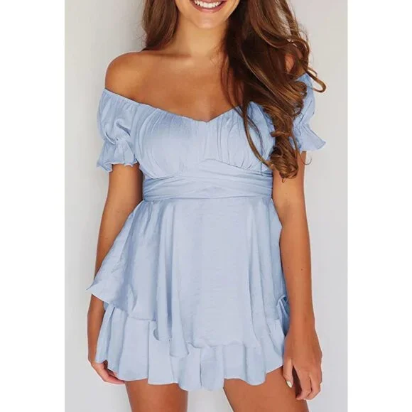 Sky Blue Ruffle Short Sleeve Off Shoulder Layered Romper Short Jumpsuit Playsuit - Picture 4 of 7